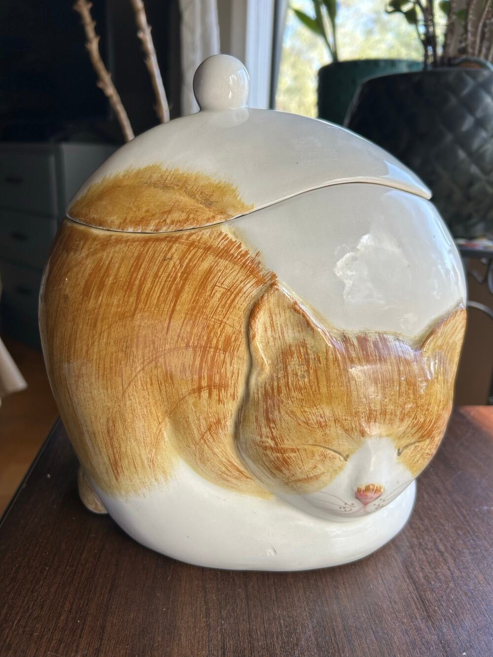 Vintage Los Angeles pottery Sleeping Cat Cookie Jar Orange Tabby Mid Century